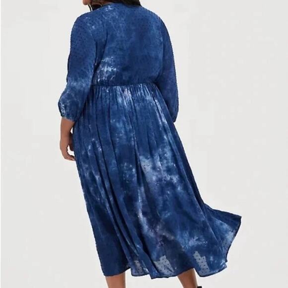 Torrid Tea-Length Chiffon Clip Dot Blue Tie Dye Midi Dress Plus Size 1 1X new!!! - Picture 2 of 13
